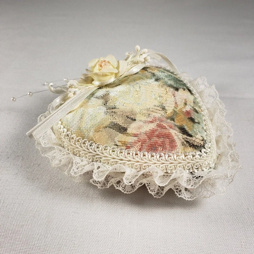 Vintage Christmas Ornament Heart‎ Shape Decorated With Fabric Floral Pattern VGC